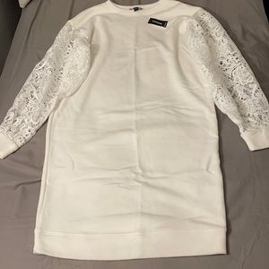 Express white cotton, floral lace sleeve dress
